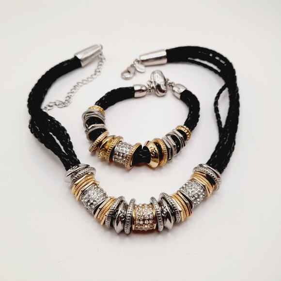 Chico’s Black Braided Necklace & Bracelet Set Rhinestone Charms Gold Silver Tone - Picture 9 of 9